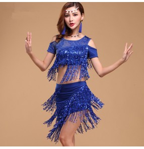 Yellow black red royal blue sequins women female fringes short sleeves competition performance professional latin samba salsa cha dance dresses sets for ladies